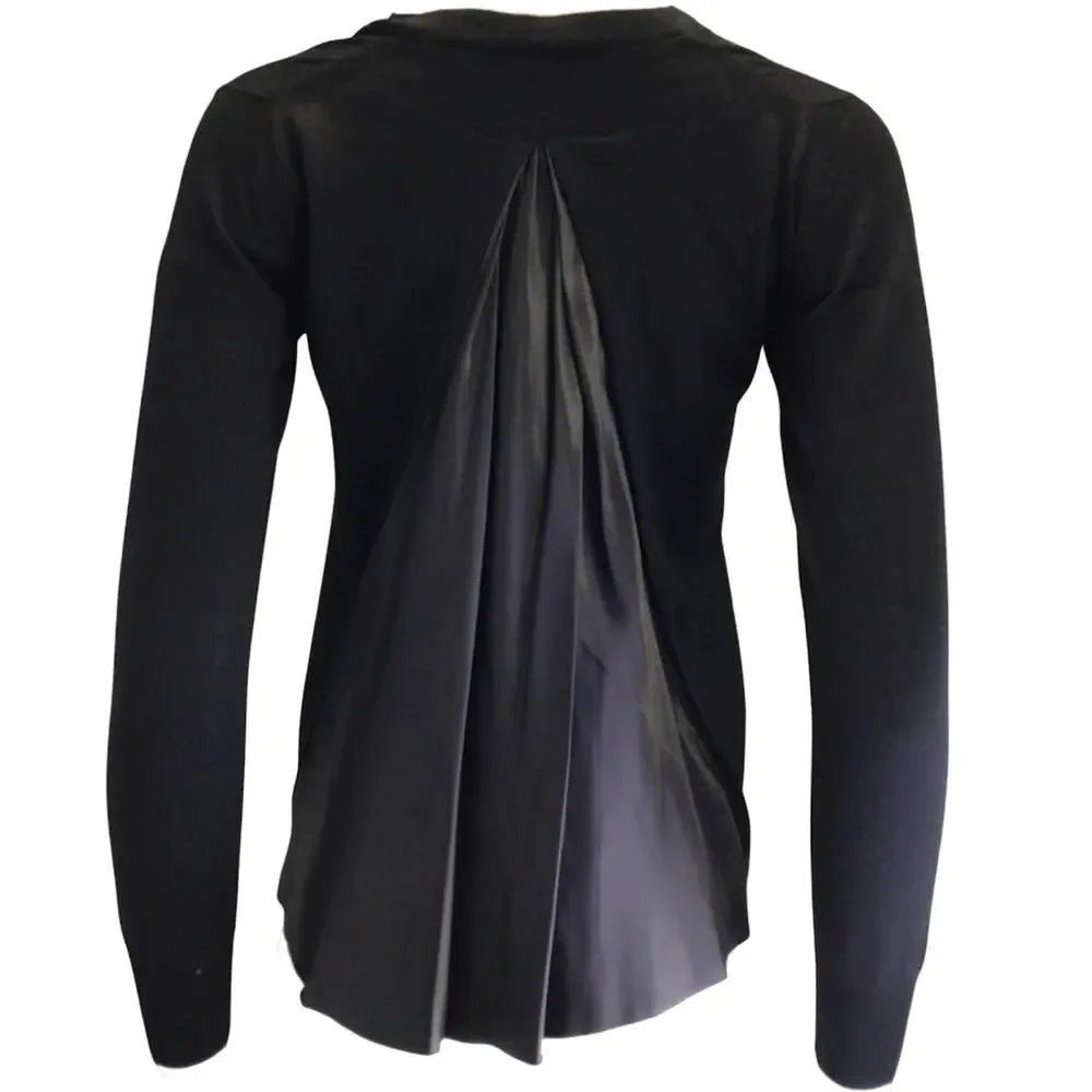 Sacai Satin Panel Back Fine Gauge Knit 100% Wool Cardigan Black S FLAW
